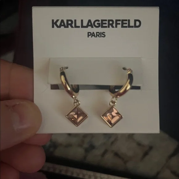 KARL LAGERFELD Gold Hoop Earrings with Pink Square Crystal Drops - Picture 2 of 3
